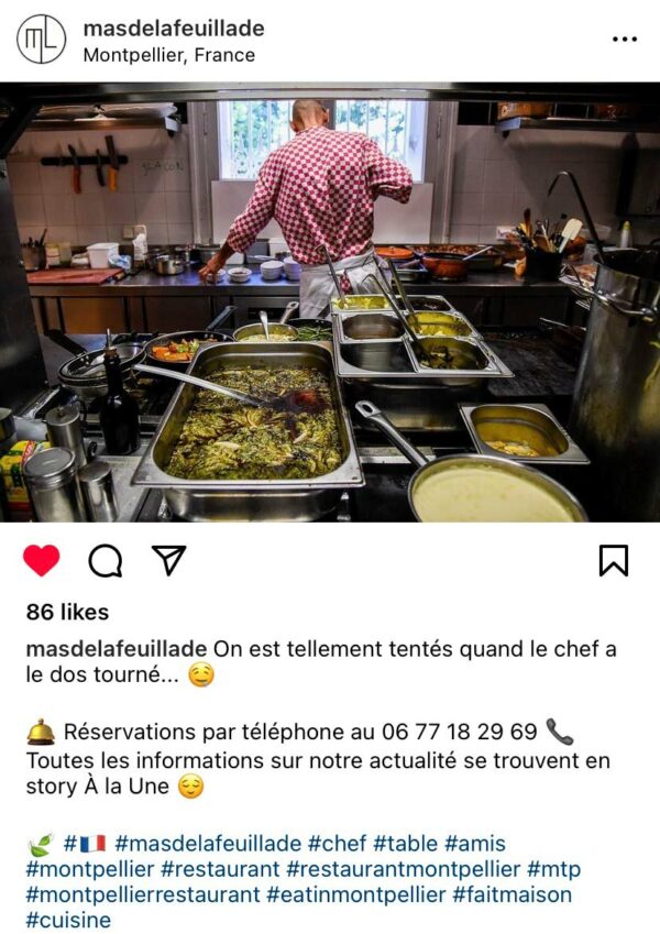 Post CM Post Instagram des cuisines d'un restaurant de Montpellier illustrant l'activité de community management de l'agence Riz Blanc